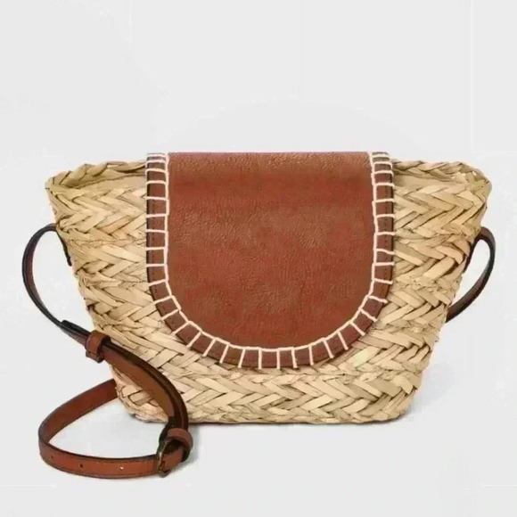 Universal Thread Brown Faux Leather Straw Crossbody Bag Purse - Picture 2 of 12